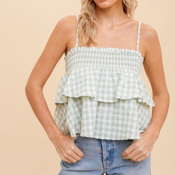HEM & THREAD Light Green Gingham Tiered Ruffle Smocked Top, Sleeveless Peplum - Picture 1 of 5
